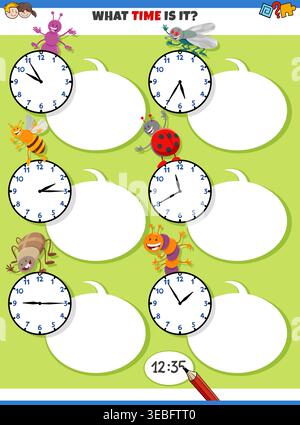 Cartoon illustrations of telling time educational activity puzzle with clock faces and happy insect characters Stock Vector