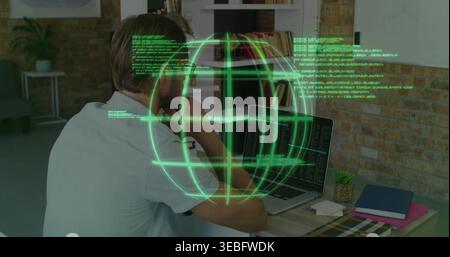 Coding programmer wearing light tee working at home office desk with AR globe, laptop, copy space Stock Photo