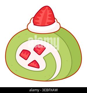 Japanese matcha strawberry cake roll dessert. Green Swiss roll filled with whipped cream and strawberries. Cartoon drawing, vector illustration. Stock Vector