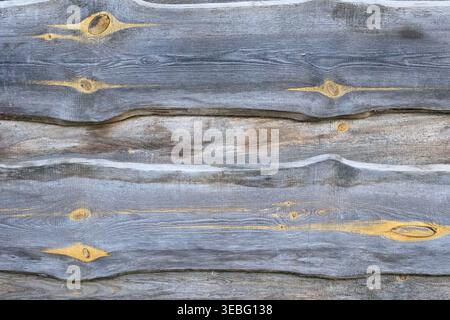 Rustic background of old gray wooden boards with noticeable knots and wavy edges. Natural texture of aged wood with horizontal lines. Antique wood sur Stock Photo