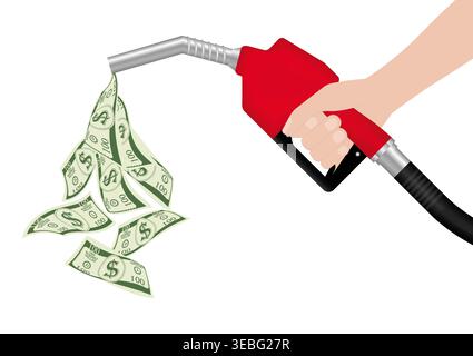Gas Pump or Fuel Nozzle with Dollar Banknote. Gas Station Concept. Vector Illustration Isolated on White Background. Stock Vector