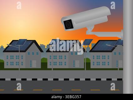 CCTV Security Camera or Surveillance Camera Monitoring a House and Property. Vector Illustration. Stock Vector
