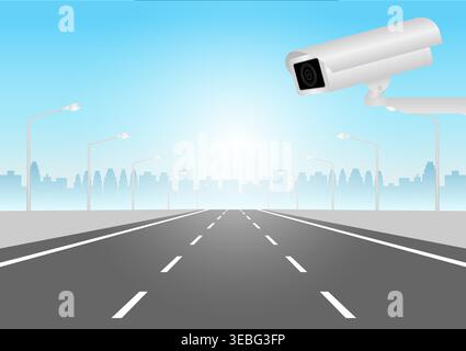 CCTV Security Camera or Surveillance Camera Monitoring on Traffic Road. Vector Illustration. Stock Vector