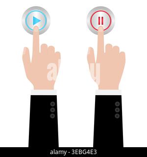 Hand Pressing Play and Pause Button. Hand Click. Vector Illustration Isolated on White Background. Stock Vector