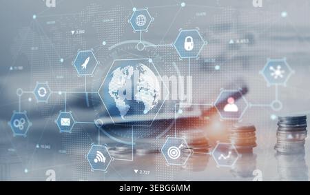 Global Technology Network Visualization with Business and Data Integration. Stock Photo