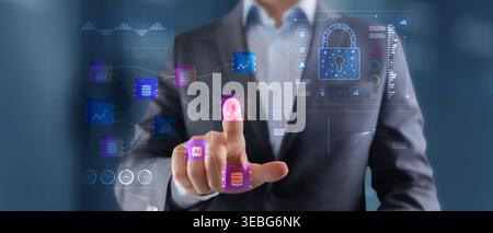 Person interacting with digital security interface featuring AI technology and lock icons representing secure data management Stock Photo