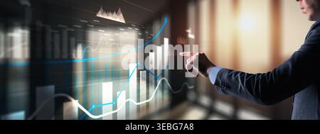 3D charts with up arrows, business panel on virtual screen. Stock Photo