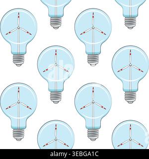 Color seamless pattern with light bulb with wind turbine, windmill. Vector background on white. Stock Vector