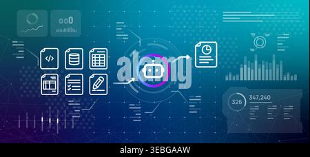 Artificial intelligence data processing and document summary concept with robot icon converting multiple file types including code database and Stock Vector