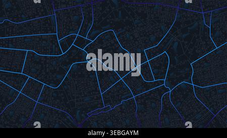 Dark city map background with glowing blue neon street network for night mode navigation app. Vector illustration. Stock Vector