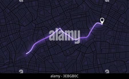 Dark urban street map featuring glowing violet route line and white destination marker for mobile navigation apps. Vector illustration. Stock Vector