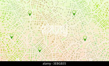 City map background with green location pins and urban roads. Vector illustration. Stock Vector