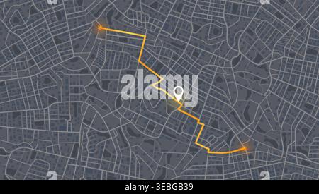 Dark mode city map navigation with orange route line and white location pin marker. Vector illustration. Stock Vector
