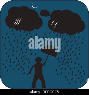 Storm clouds bring heavy rain as person holds umbrella at night Stock Vector