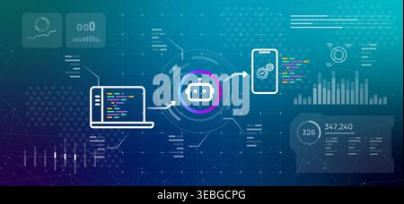 Web to mobile application conversion with artificial intelligence robot icon transforming laptop desktop code into smartphone app interface Stock Vector