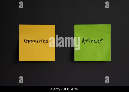Horizontal image of one yellow and one green sticky note stuck on a dark grey surface. Yellow sticky note says the word OPPOSITES written Stock Photo