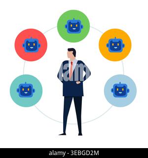 Businessman surrounded by circle of artificial intelligence agent icons representing smart workforce management and team automation with robotic Stock Vector