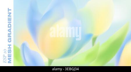 Spring tulip flowers bloom in soft pastel colors against gentle gradient background. Delicate floral botanical design with blurred petals creates Stock Vector