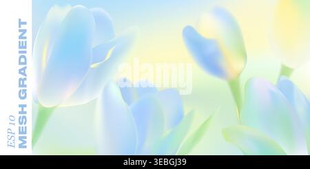 Gentle spring background features blooming tulip petals in pastel gradient. Fresh floral design with soft bokeh effect perfect for romantic Easter Stock Vector