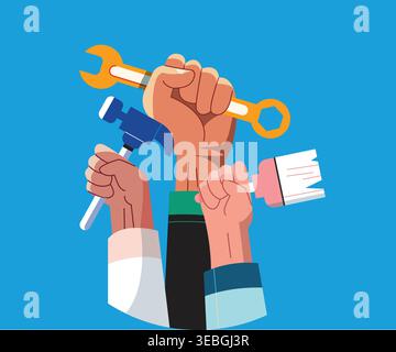 Labor Solidarity - Raised Fists labor day Stock Vector