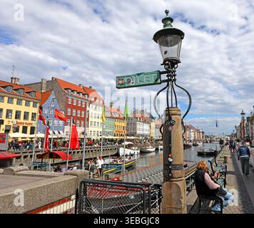 Nyhavn, Copenhagen south side of the canal near the Kongens Nytorv end, looking east, Copenhagen, Denmark. Stock Photo