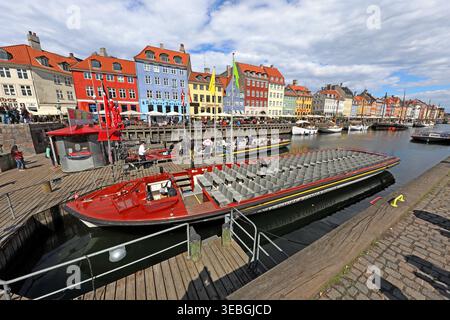 Nyhavn canal in Copenhagen, looking east from near Kongens Nytorv with colourful houses and sightseeing boats. Stock Photo