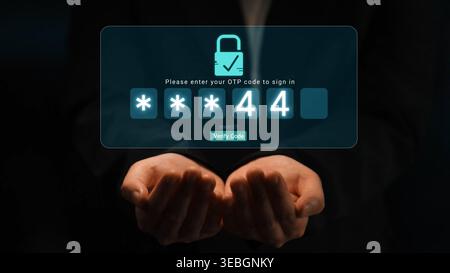 Hands Holding Smartphone Interface Displaying OTP Code Verification for Secure Online Login with Lock Symbol and Check Mark Sigmoid Stock Photo