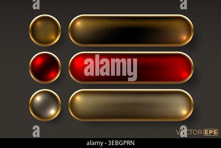 Glossy metallic buttons and banners with golden frames, ideal for premium UI design. Vector illustration. Stock Vector
