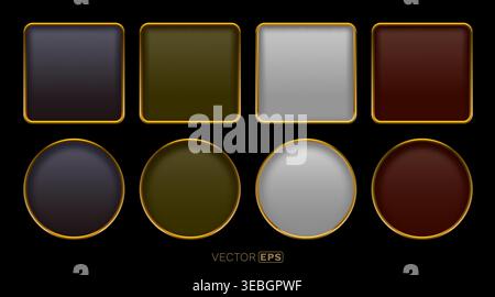 Luxurious set of blank buttons and frames with golden borders. Perfect for UI design or game assets. Vector illustration Stock Vector