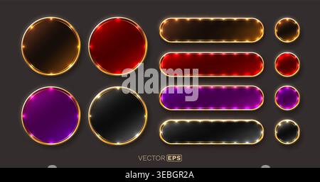 Elegant glowing buttons and badges with golden frames, perfect for modern web design or interactive user interfaces. Vector illustration. Stock Vector