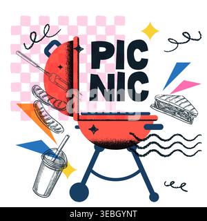 Summer BBQ picnic banner with grill, sausages, sandwich and drink. Modern vector sketch art collage illustration. Design for outdoor party poster, men Stock Vector