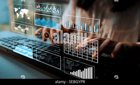 Close-up Image of Hands typing on a Keyboard with Digital Data Visualizations and Graphs Floating Above in a Modern Office Setting Gluon. Stock Photo