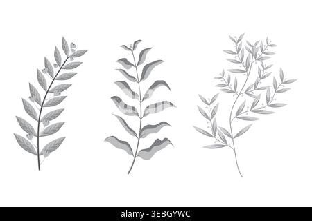 Set of Handdrawn abstract natural leafs botnical design, art floral elements, Hand made natural leafs brunch Stock Vector
