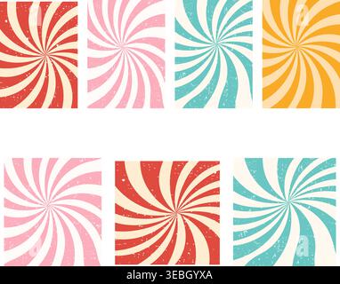 Swirl Spiral Psychedelic set. Retro wavy background, Y2k aesthetic. Starburst hypnotic circular bg. Vintage twisted rays. spiral design for posters, banners, wallpapers. Vector illustration Stock Vector