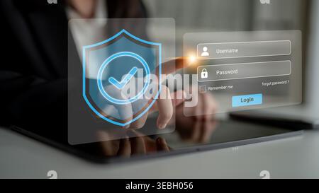 A professional setting featuring a touch screen login interface with password and username fields, symbolizing digital security and user Stock Photo