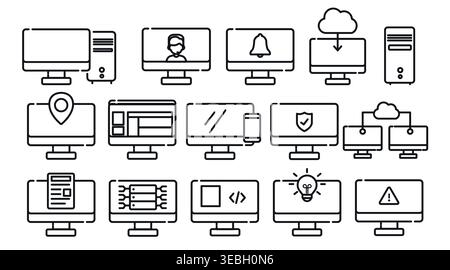 Mega set of 15 computer and cloud service icons: minimalist black line PC vectors Stock Vector