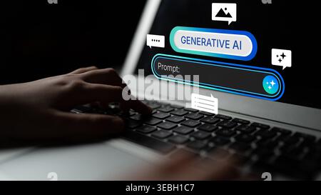Generative AI prompt interface concept for creating content. Prompt design, AI prompt engineering, workflow, prompt input for text, image, and AI Stock Photo
