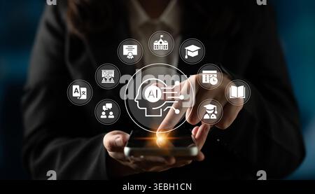 A business professional interacts with a smartphone, showcasing AI technology. Digital icons represent innovation, education, and modern communication Stock Photo