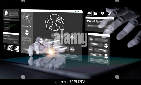 A captivating image depicting hands interacting with a digital interface showcasing AI technology, highlighting modern communication and virtual Stock Photo