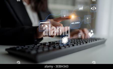 Futuristic Businesswoman Using Touchscreen Interface to Interact with Digital Elements for Technology and Innovation in Modern Workspace Quark. Stock Photo