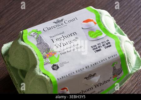 Clarence Court traditional Leghorn Whites free range eggs in a carton sold by Tesco supermarket chain, UK. Concept: fancy eggs, posh eggs, food theft Stock Photo