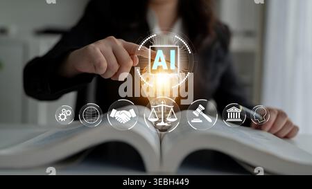 Conceptual Image of Artificial Intelligence Revolutionizing Legal Profession and Technology With Light Bulb and Law Icons Fluxor. Stock Photo