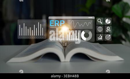 An open book with a glowing lightbulb symbolizes the fusion of knowledge and technology, illustrating ERP innovation and data-driven insights in Stock Photo