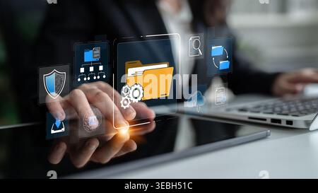 Business Professional Engaging with Digital Technology and Data Management Features in a Modern Office Environment Sigmoid Stock Photo