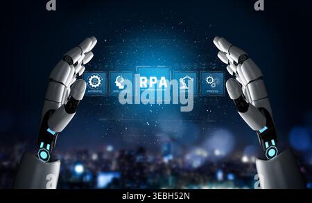 Futuristic Robotic Hands Presenting RPA Concept with Icons for Automation, Intelligence, and Robotics in a Technological Background Sigmoid Stock Photo