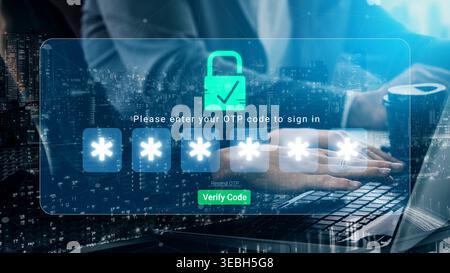 Secure Online Authentication Process with OTP Code Entry on Laptop in Modern Digital Environment Featuring Lock Symbol and City Skyline Sigmoid Stock Photo