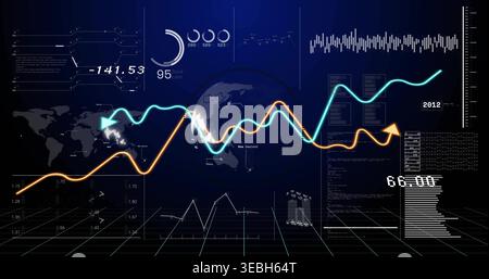 Oscillating neon line graphs traversing central globe on virtual dashboard, showing gauge 95 Stock Photo