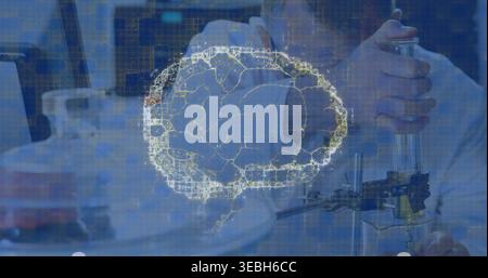 Displaying glowing brain-shaped graphic at bench, scientist in white lab coat operating pipette Stock Photo