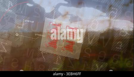 Displaying translucent striped panel centered on glass over woods, with red bars, dotted globe Stock Photo