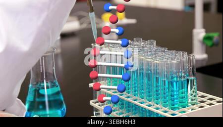 Pipetting gloved tech in lab coat at lab bench, drawing blue into pipette over test tubes Stock Photo